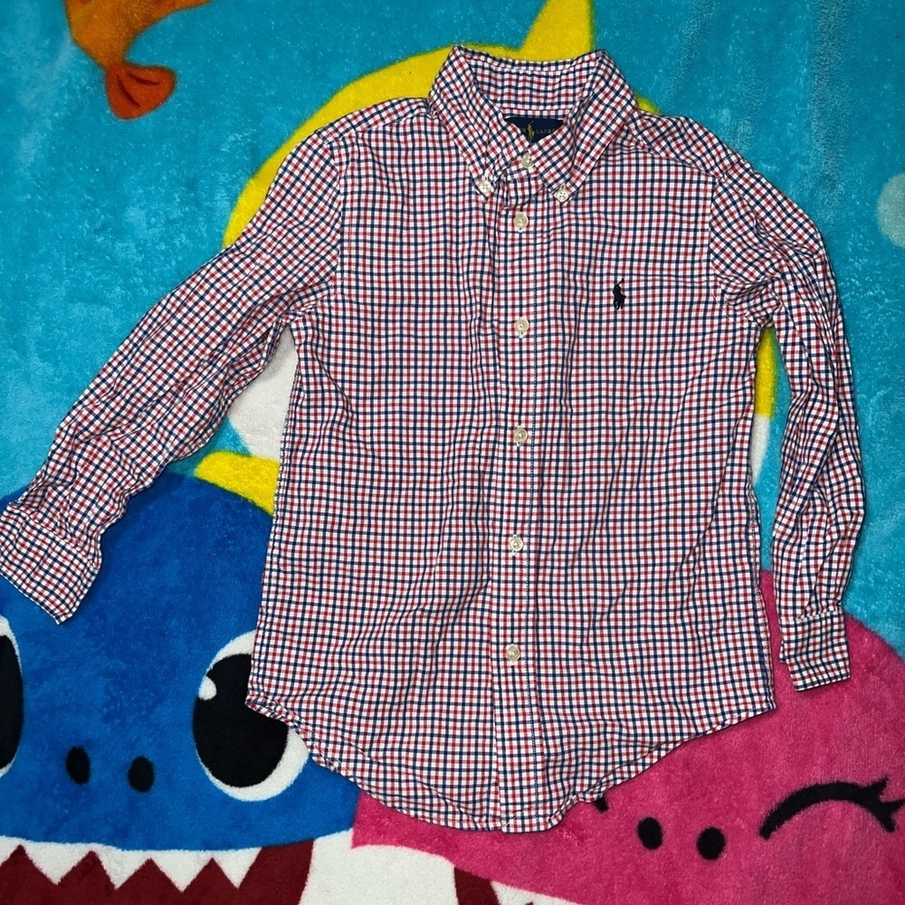🐎 Ralph Lauren Red, White, and Blue Button Polo Shirt - Size 5​​​
